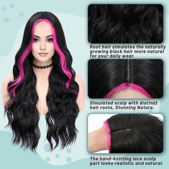 [26 INCH] Hot Pink Highlight Wig - Picture 3 of 5